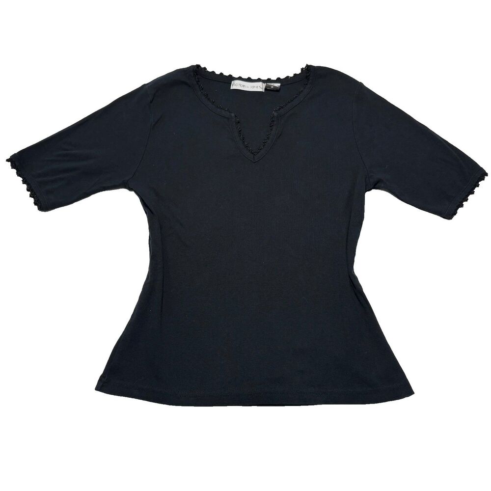 Victoria Jones Top Vintage Black Beaded Knit Short Sleeve Alt Whimsigoth Small